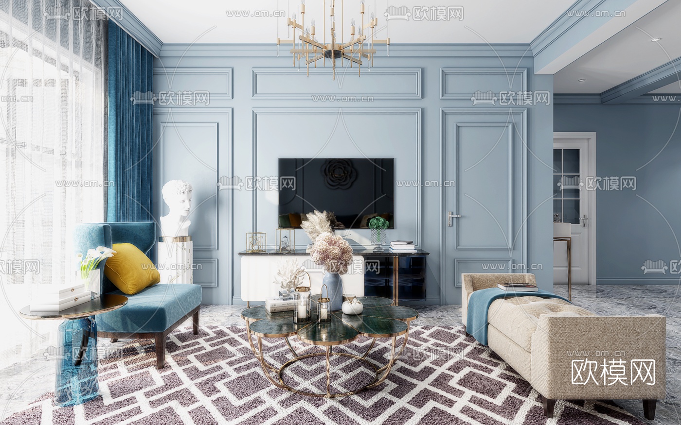 欧式客厅餐厅3d模型下载（渲染图3）