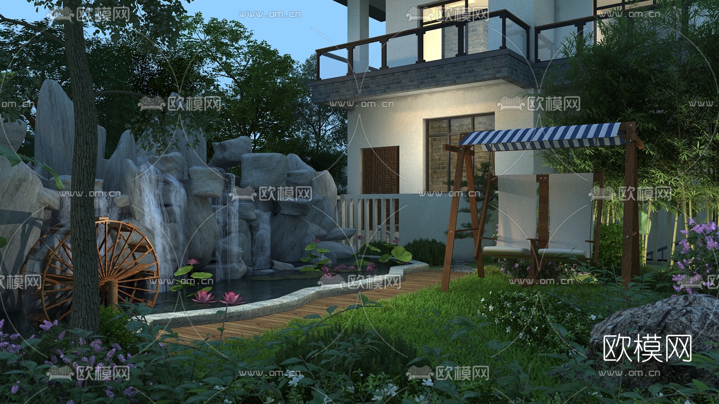 新中式假山叠水庭院花园3d模型
