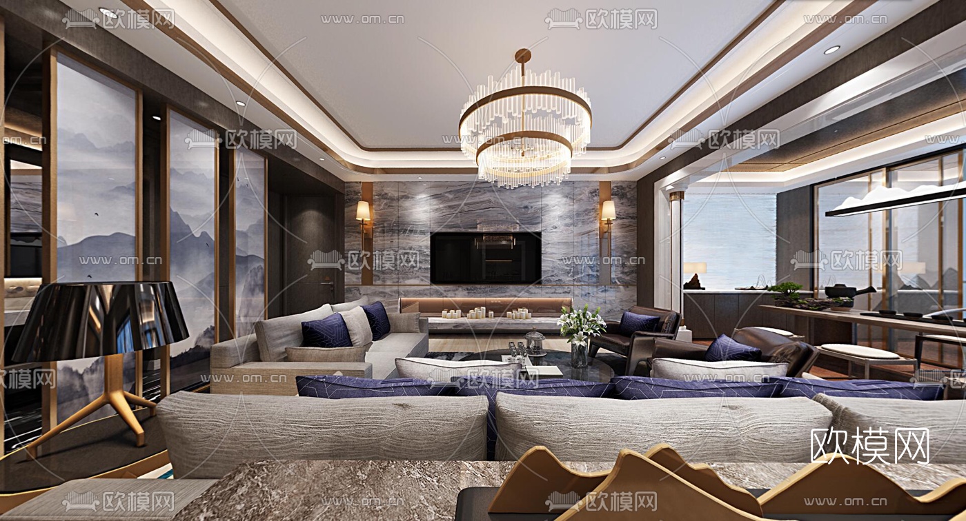 新中式轻奢客餐厅全景3d模型