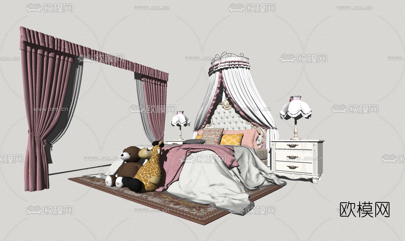 欧式儿童床公主床组合su模型下载（渲染图2）