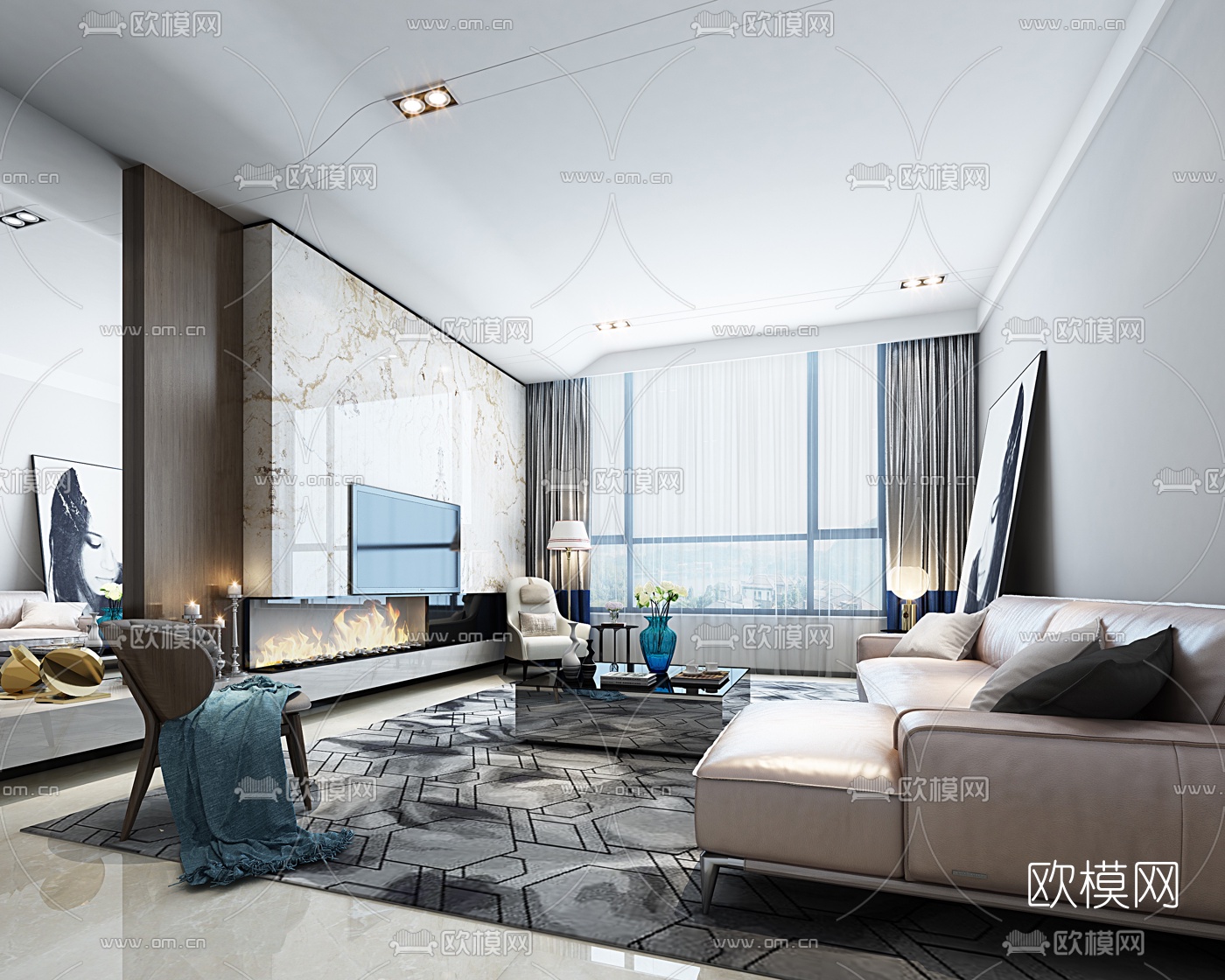 现代简约客厅3D模型-免费3dmax模型库-欧模网