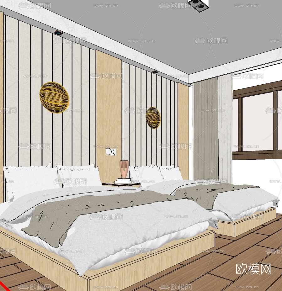 现代酒店双人房免费su模型下载