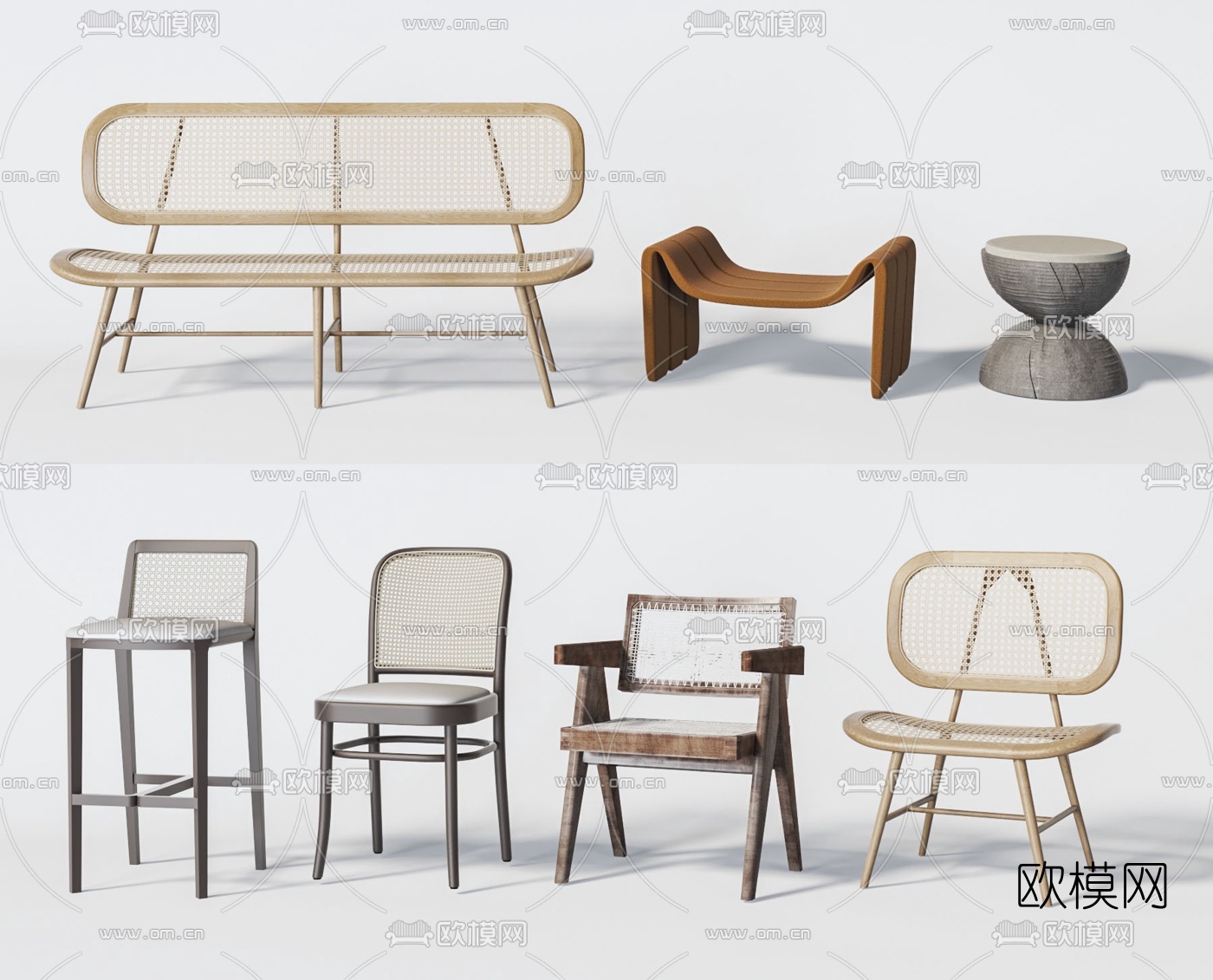 侘寂风实木藤编单椅3d模型下载