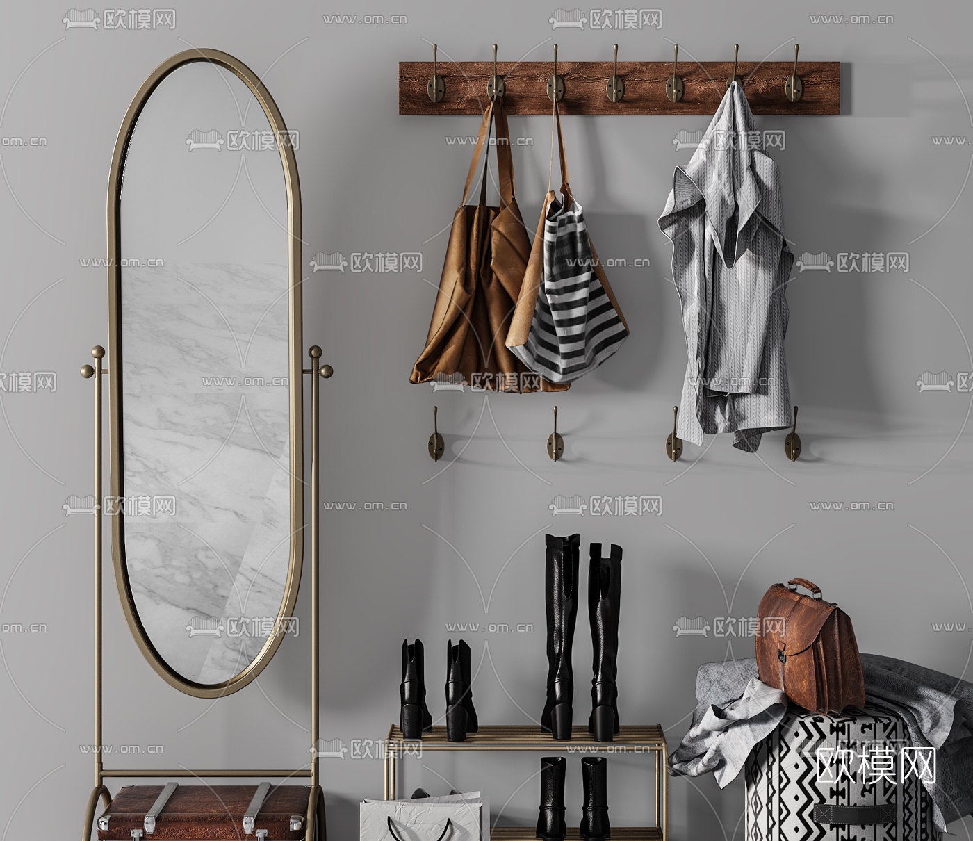 工业风装饰架镜子服饰组合3d模型下载（渲染图3）