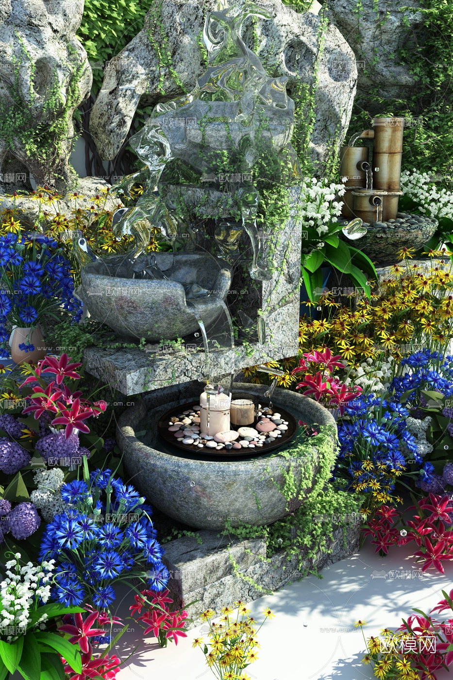 现代假山水景绿植园艺小品3d模型