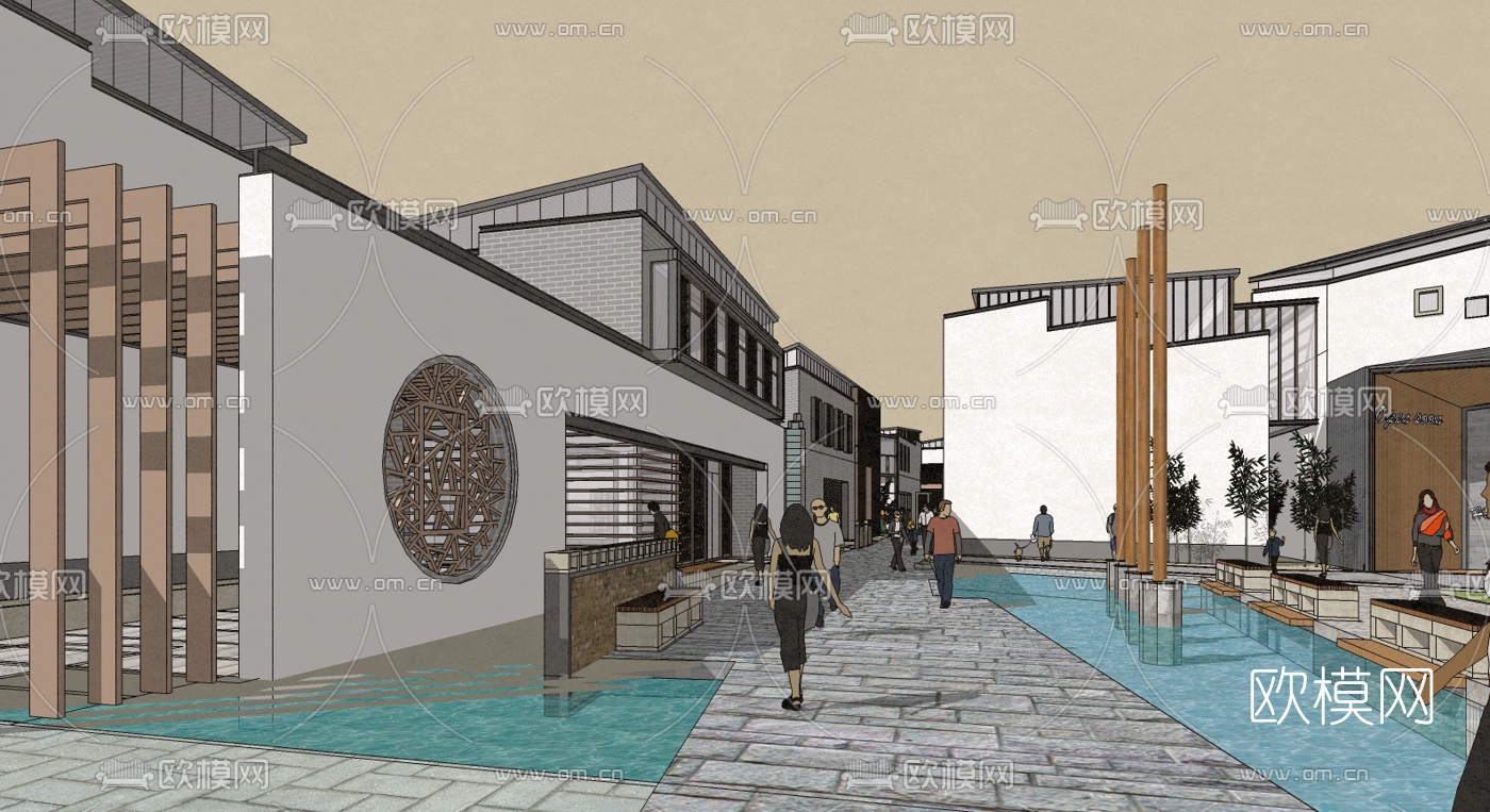 中式商业步行街su模型下载（渲染图1）
