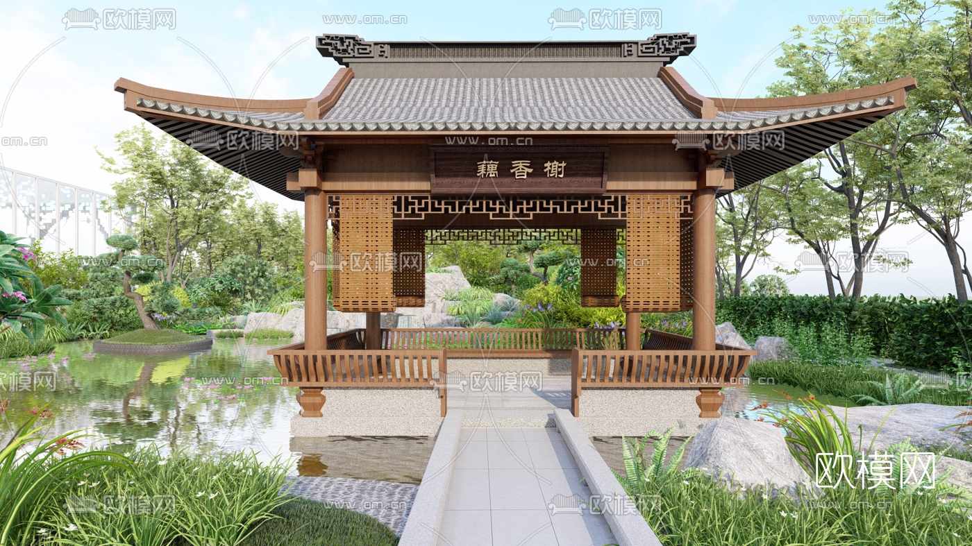 新中式园林景观su模型下载（渲染图3）