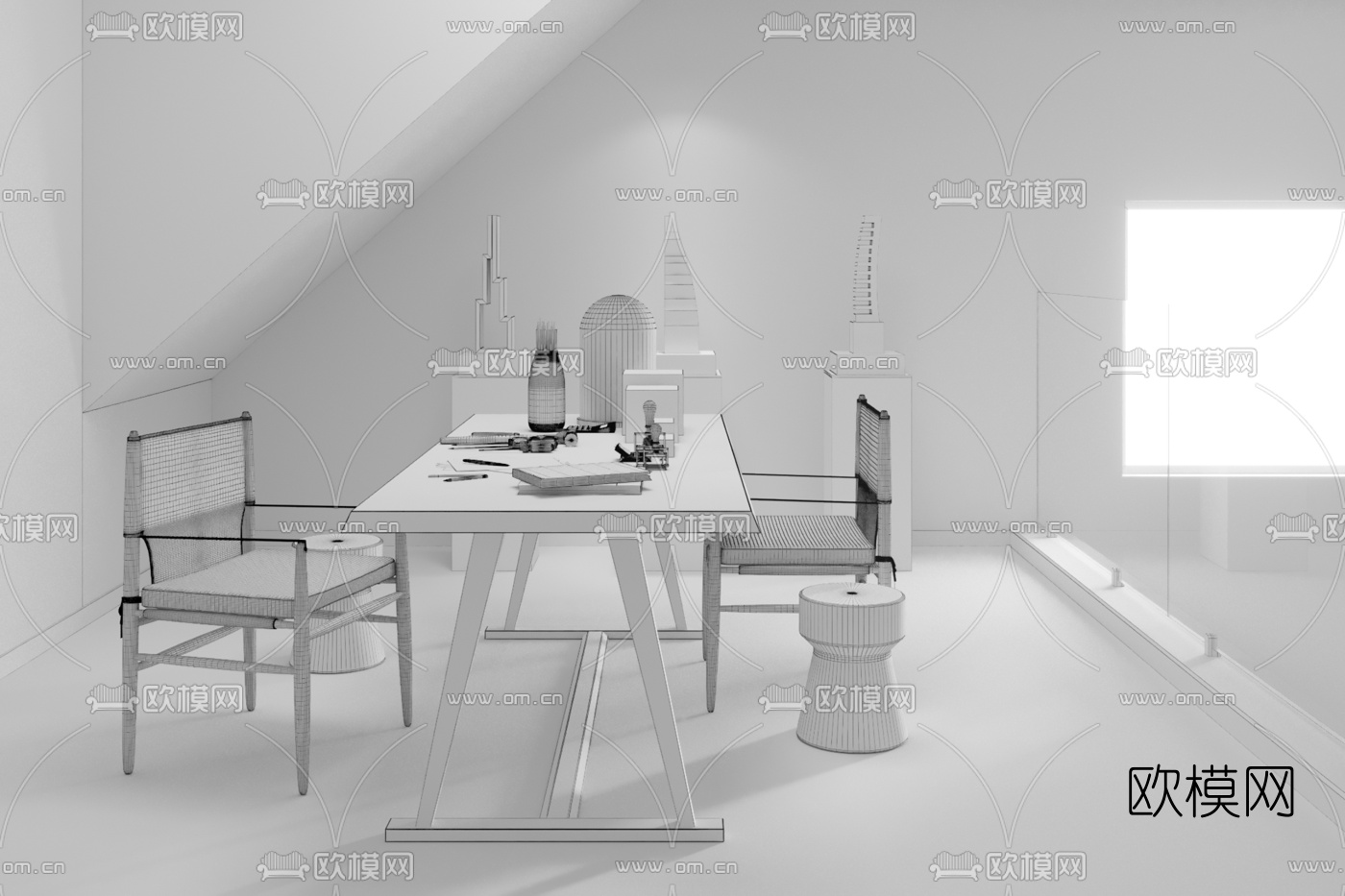 阅界装饰设计 现代原木工作台操作台3d模型