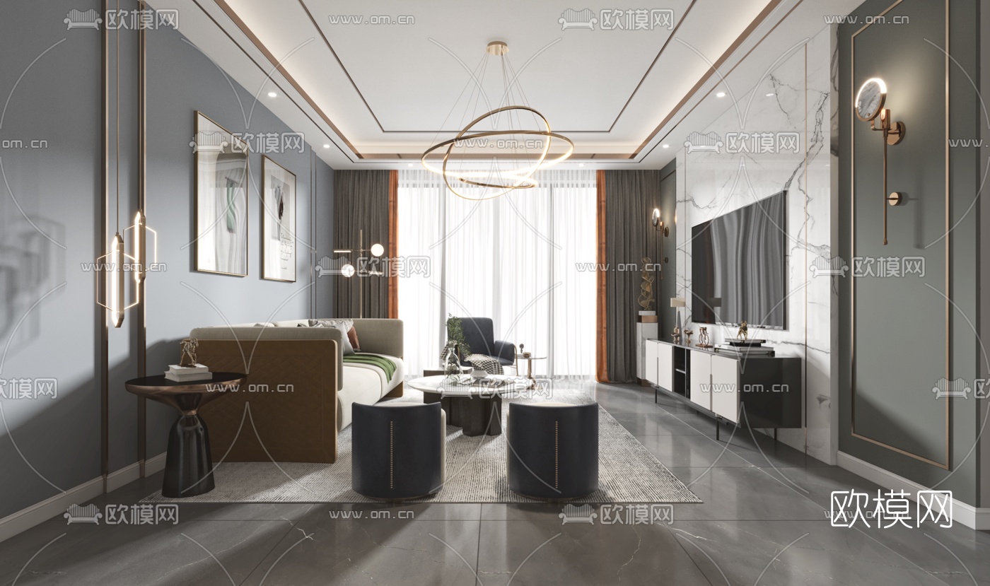 现代轻奢客厅餐厅3d模型下载（渲染图3）