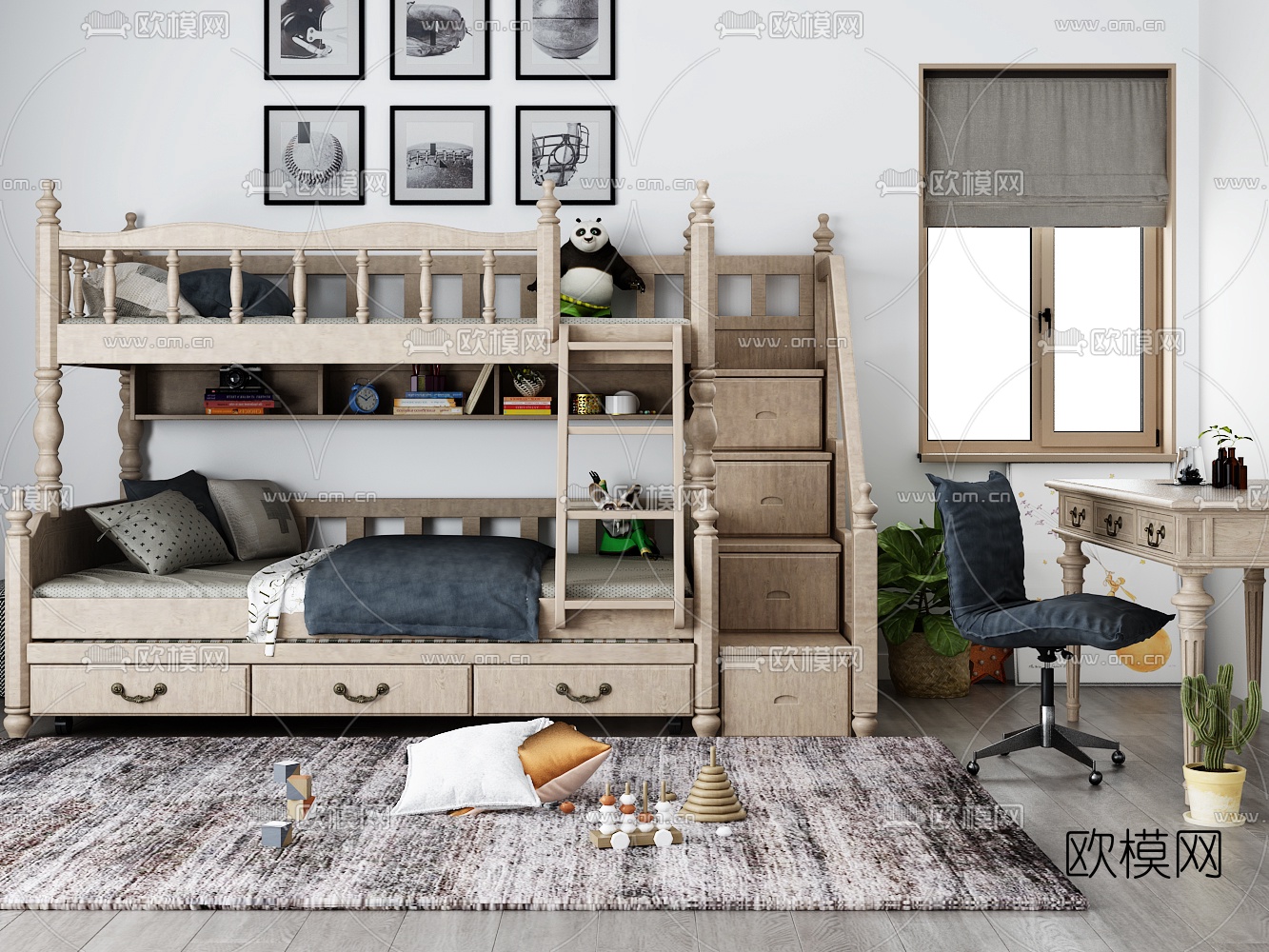 欧式儿童上下床书桌椅玩具摆件组合3D模型下载