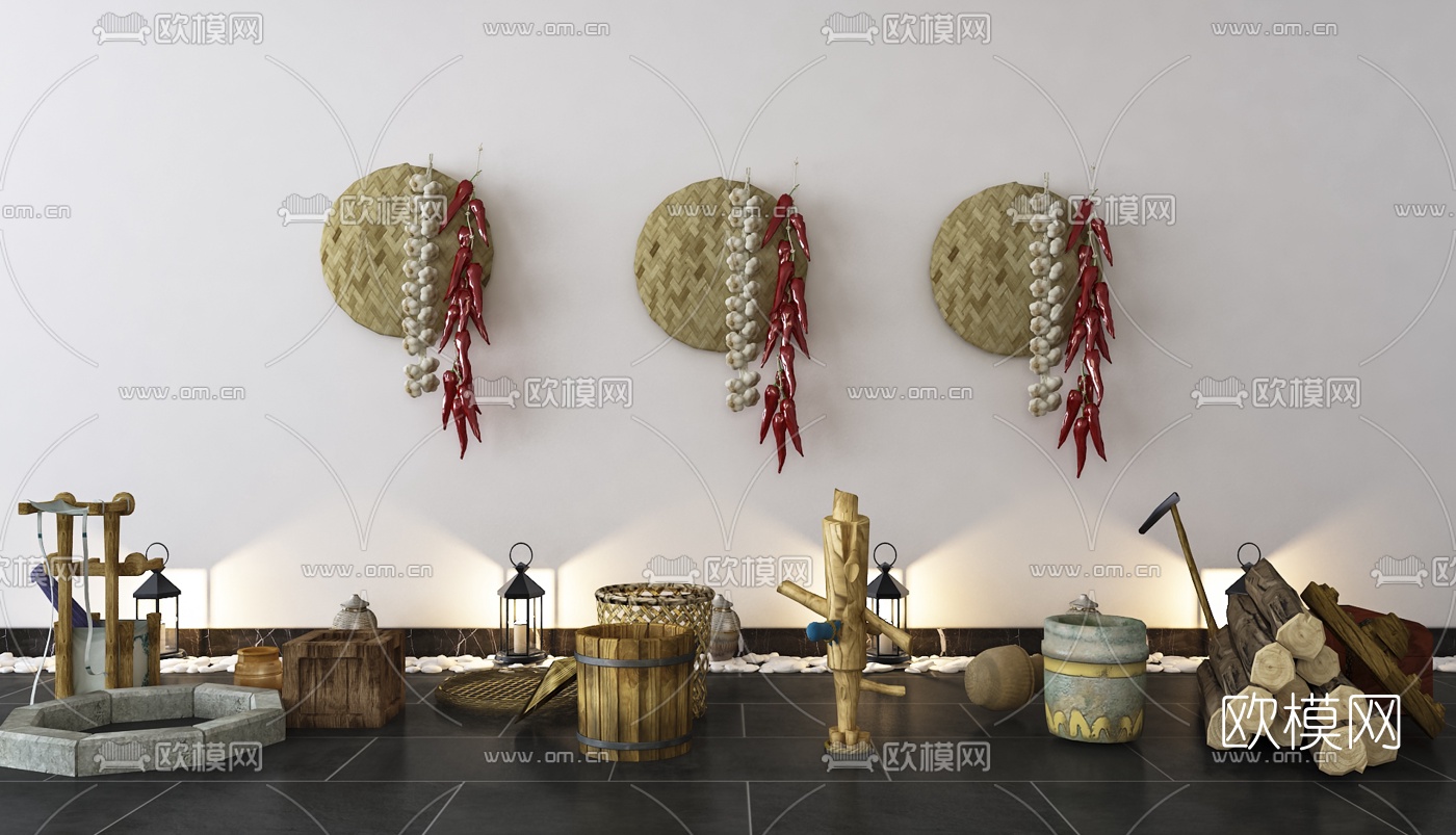 中式木头辣椒挂件木桶水井生活用具3d模型下载