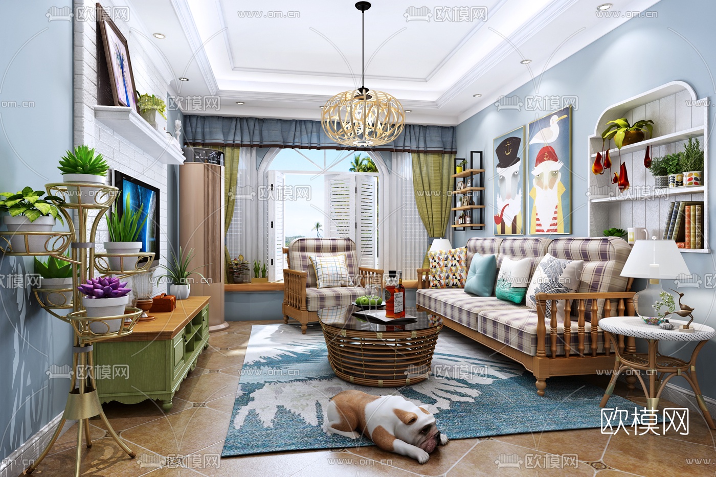 地中海客厅餐厅3D模型下载（渲染图1）