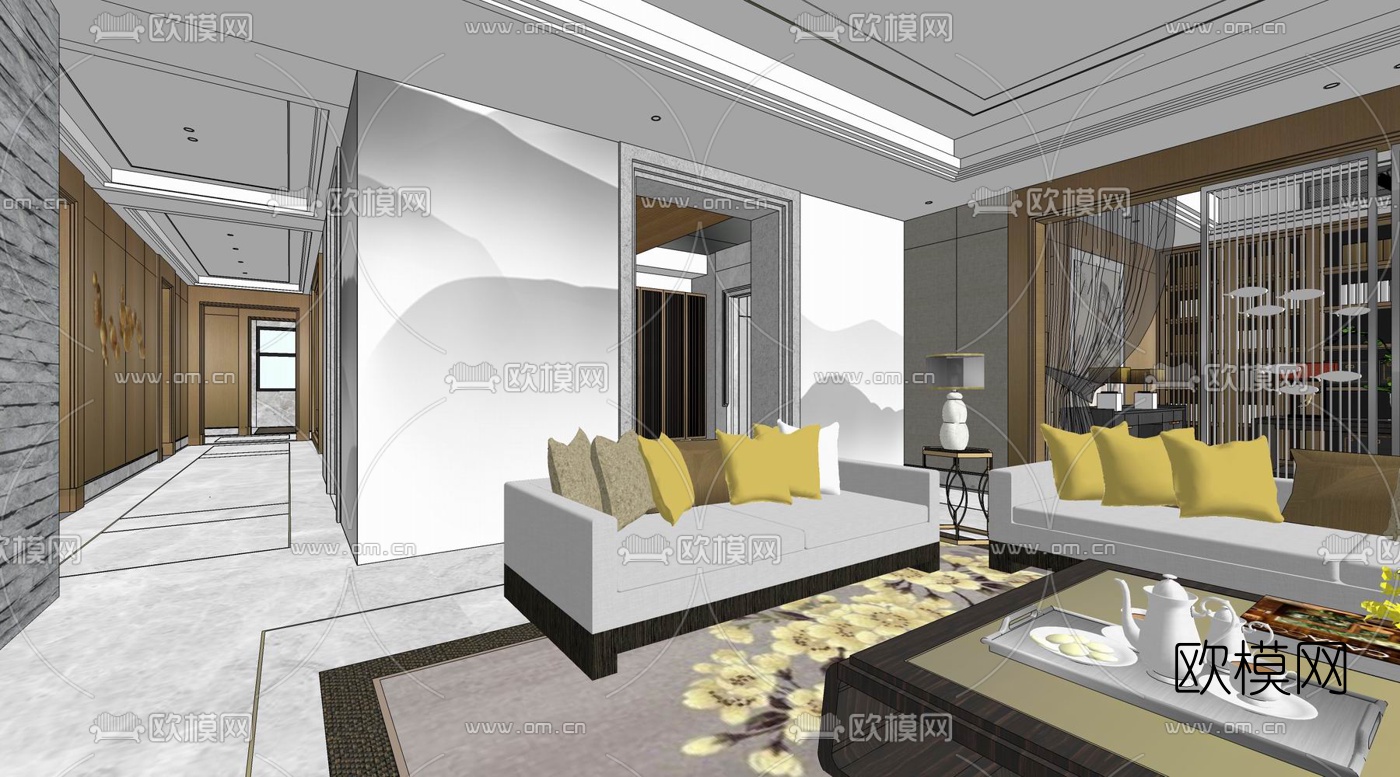 新中式客餐厅su模型下载（渲染图6）