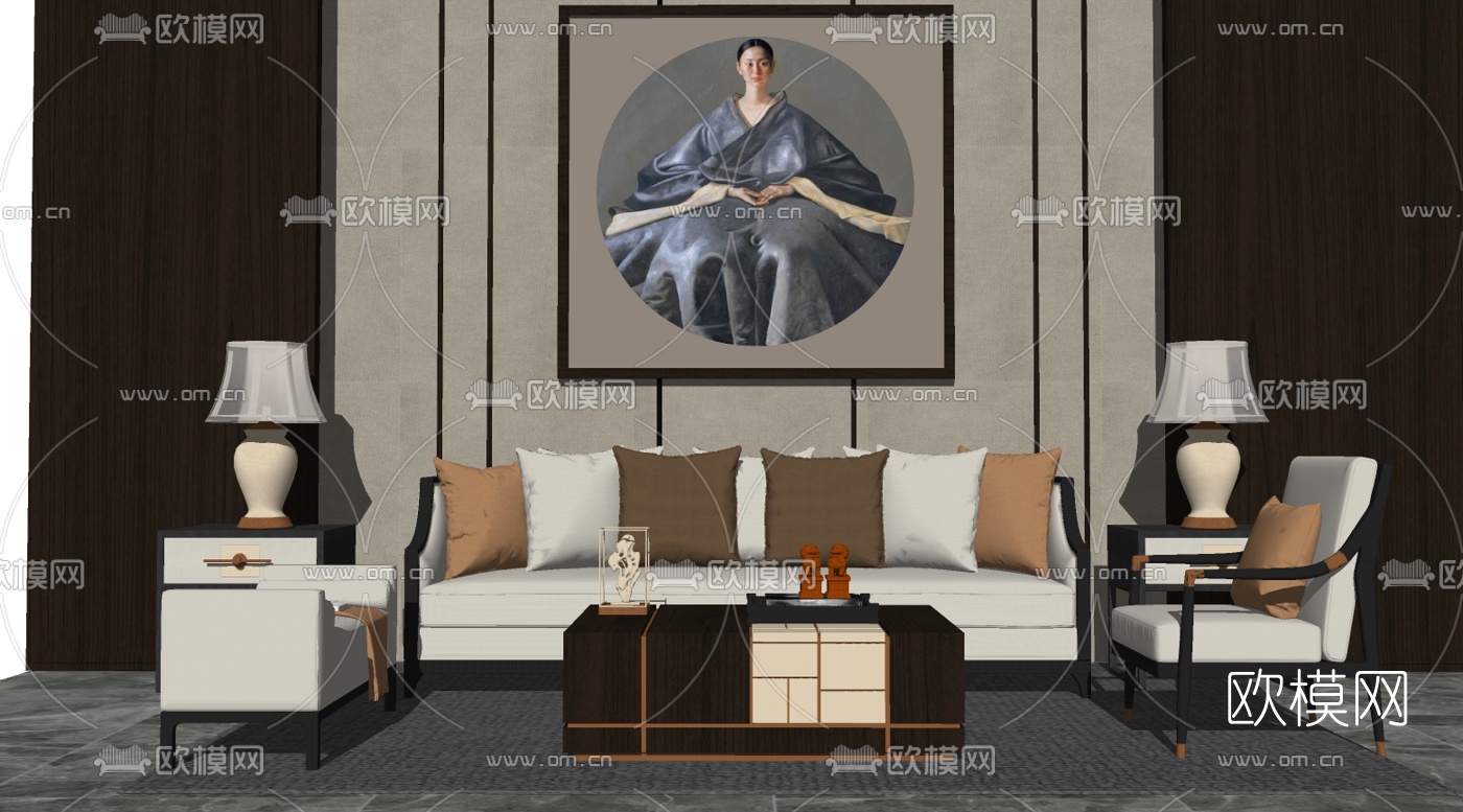 新中式沙发组合su模型下载（渲染图1）