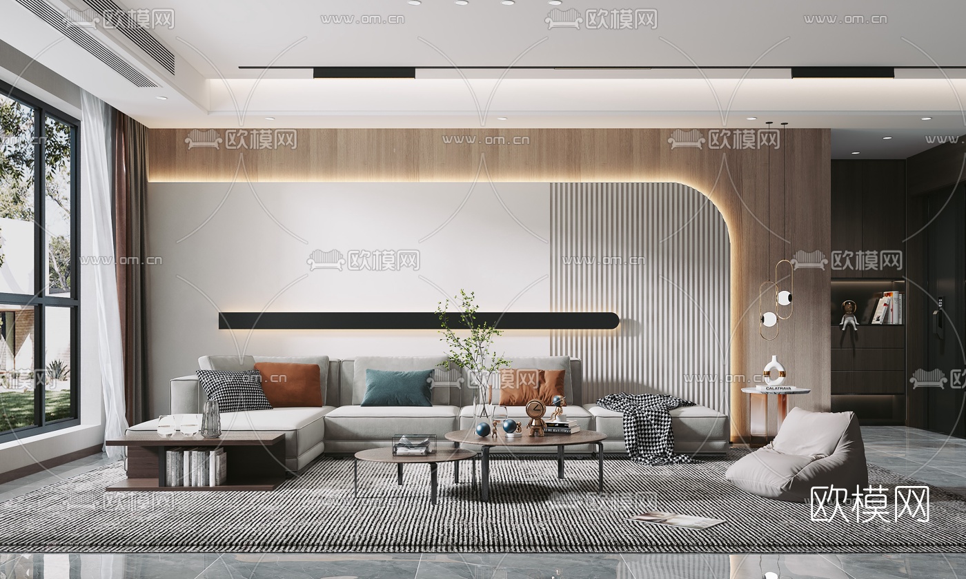 现代布艺转角沙发组合3d模型下载（渲染图1）