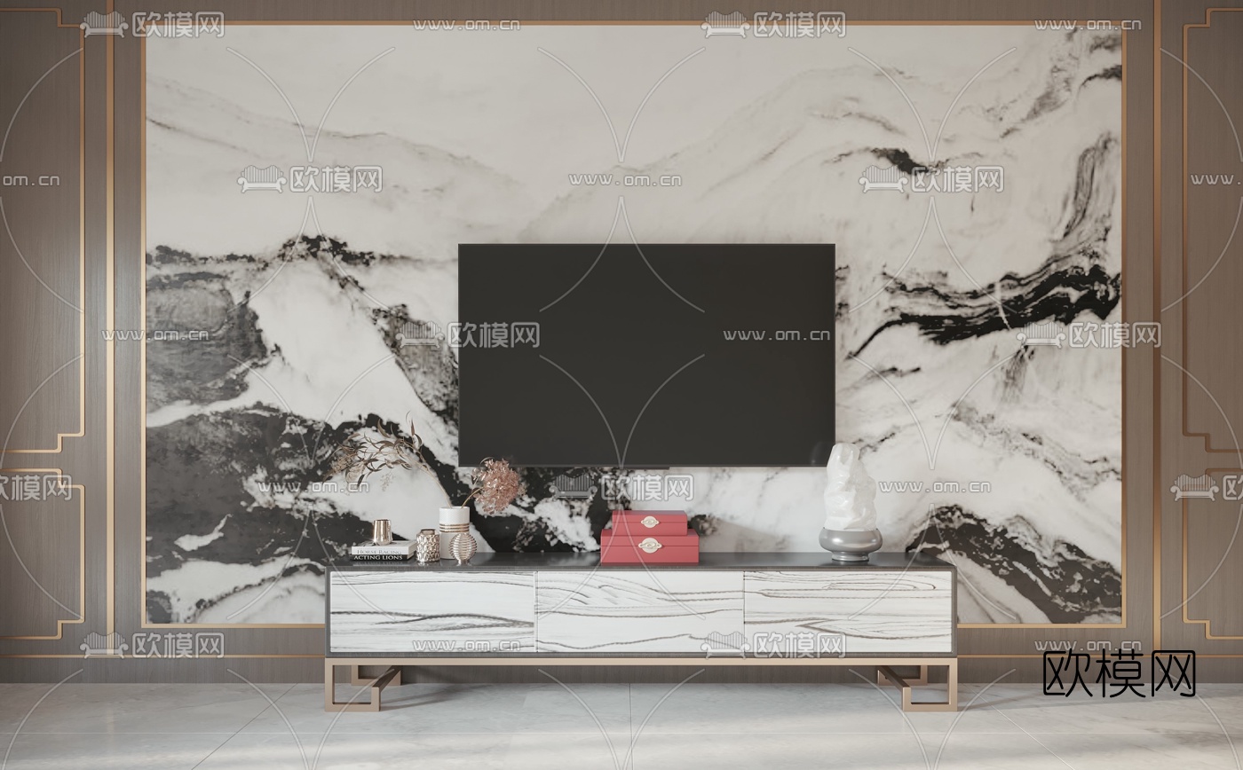 新中式轻奢电视柜3d模型下载（渲染图5）