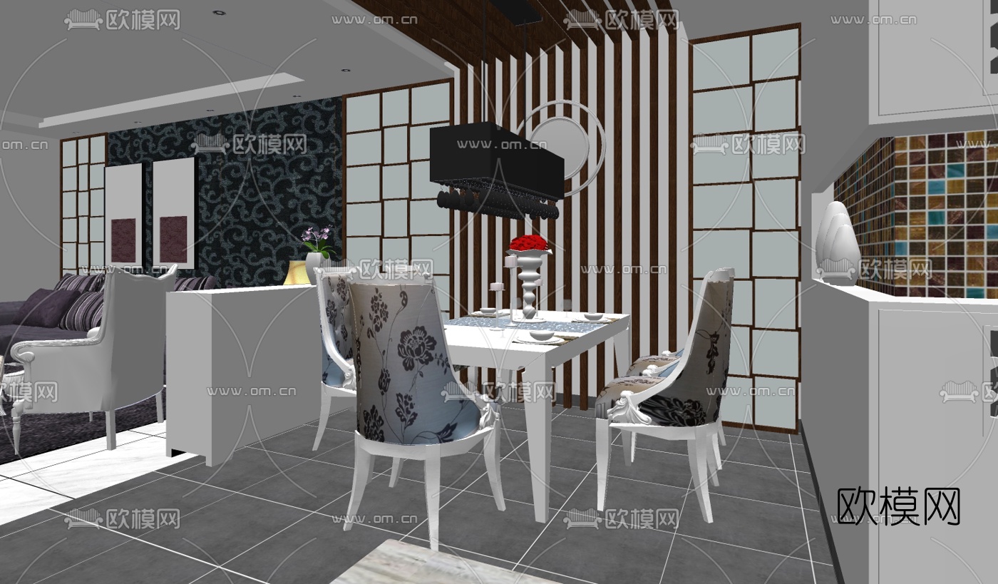 欧式客餐厅su模型下载（渲染图2）