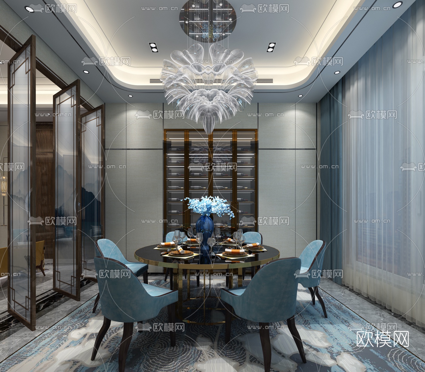 新中式会所餐饮包房3D模型-免费3dmax模型库-欧模网