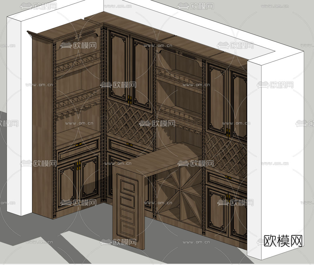 中式转角酒柜su模型下载（渲染图4）