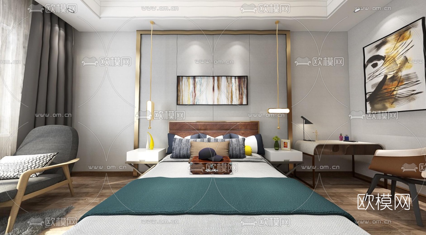 现代卧室全景3D模型-免费3dmax模型库-欧模网
