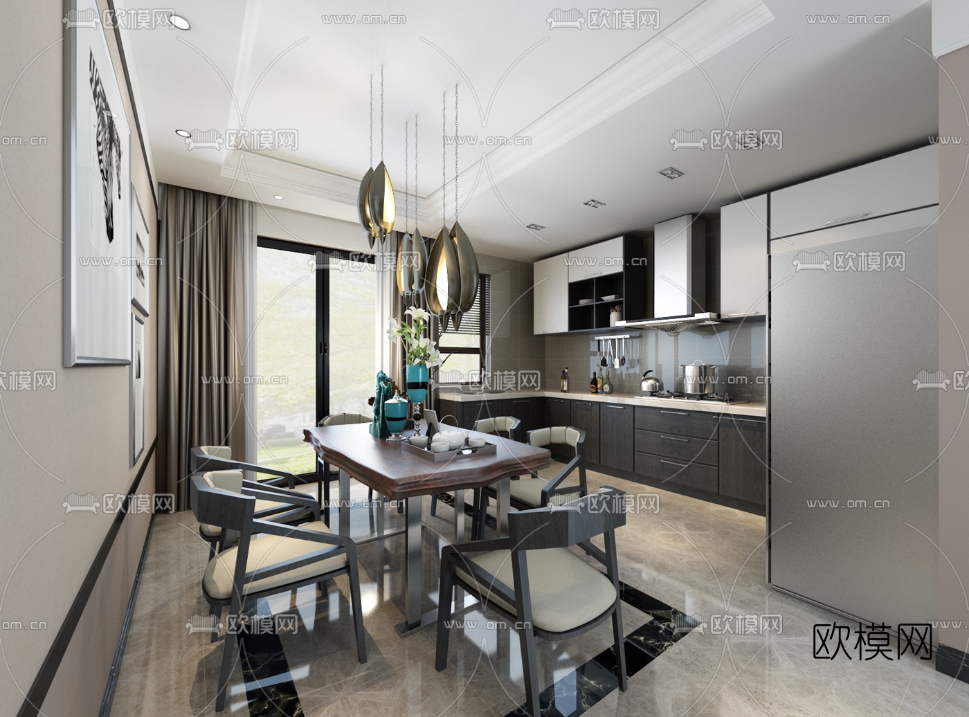 后现代客厅餐厅3D模型