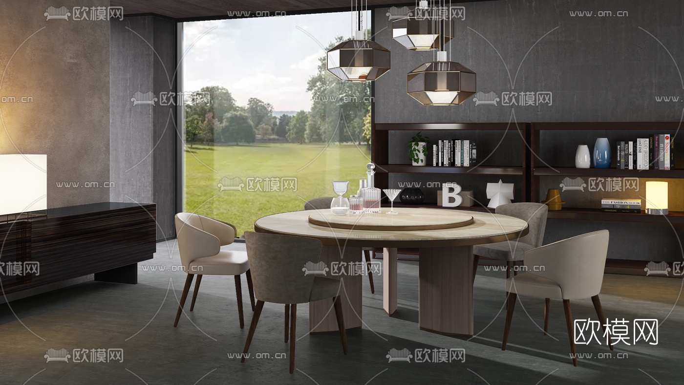 意大利MINOTTI品牌 现代圆形餐桌椅3d模型下载（渲染图1）