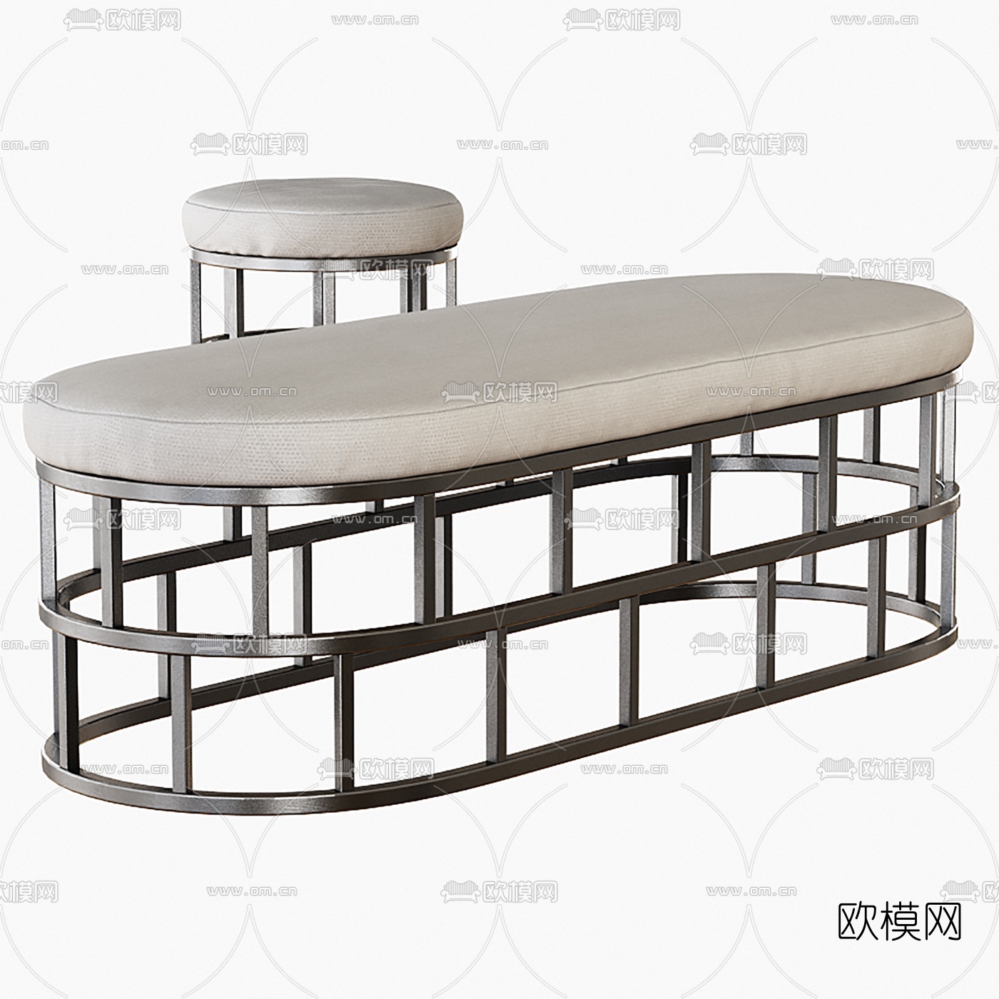 现代金属皮革床尾凳脚踏组合3D模型
