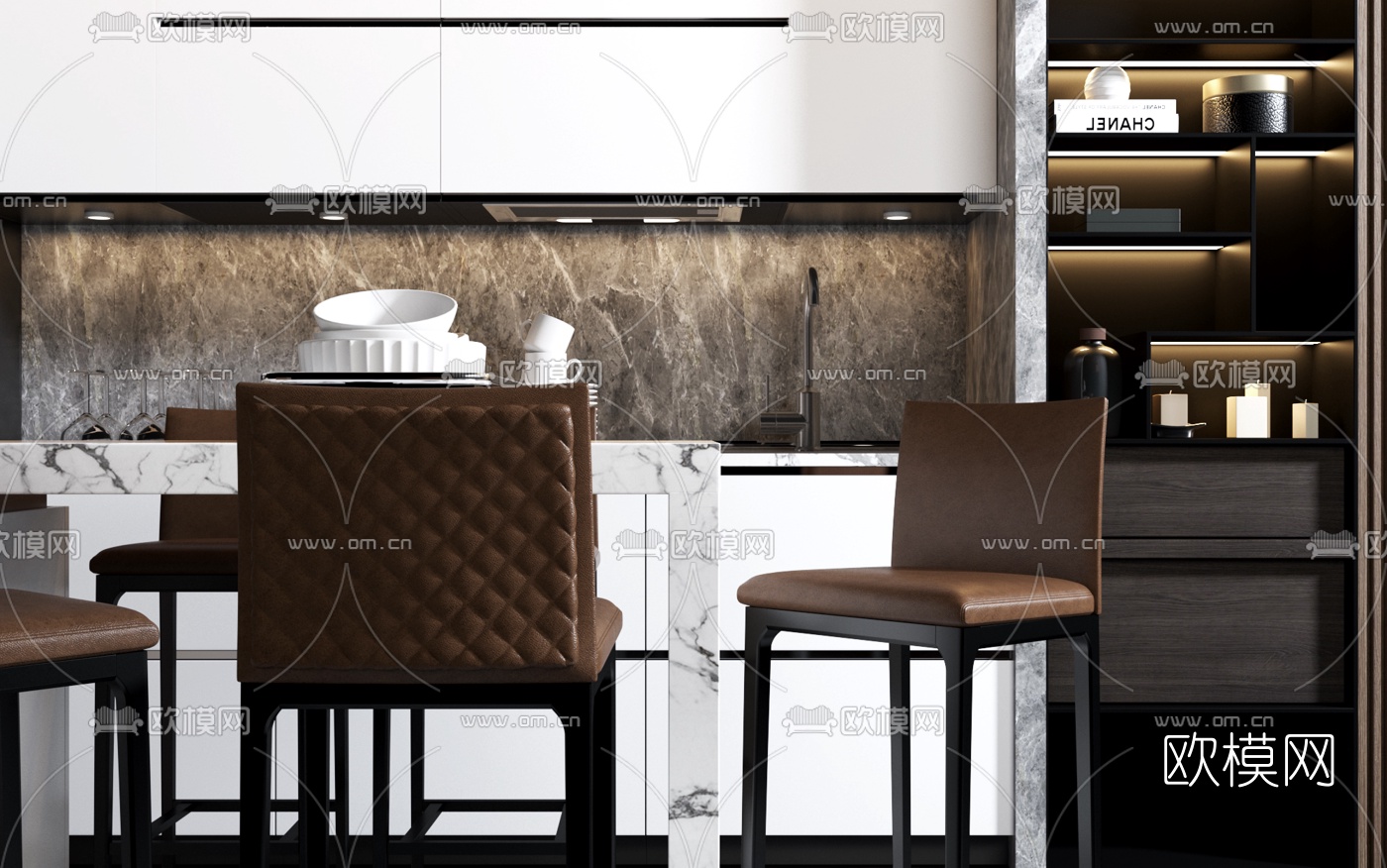 现代厨房吧台吧椅组合3d模型下载（渲染图2）