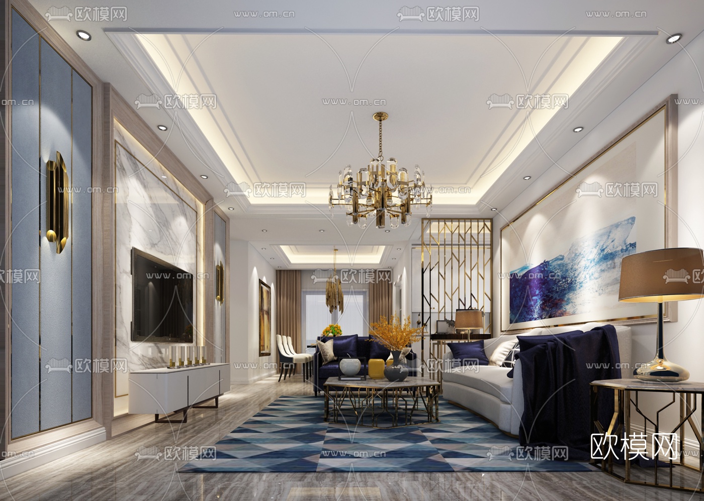 简欧客厅餐厅全景3D模型-免费3dmax模型库-欧模网