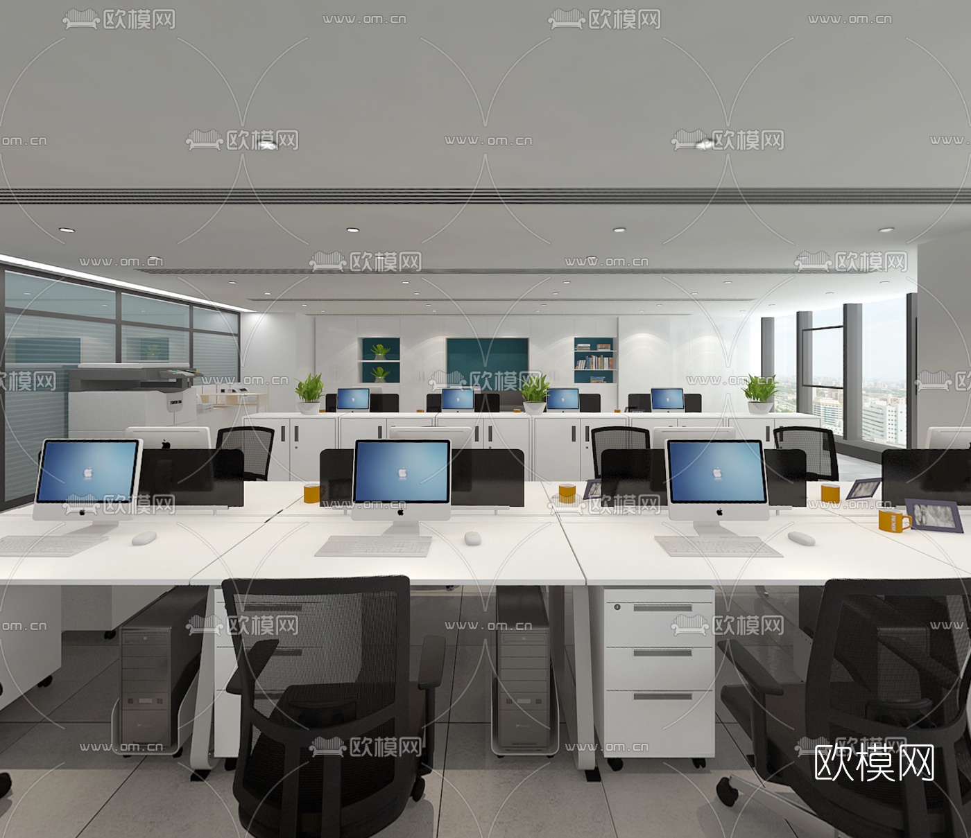 现代敞开式办公室全景3D模型-免费3dmax模型库-欧模网