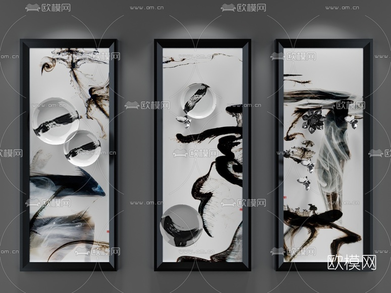 中式水墨装饰画组合3D模型下载
