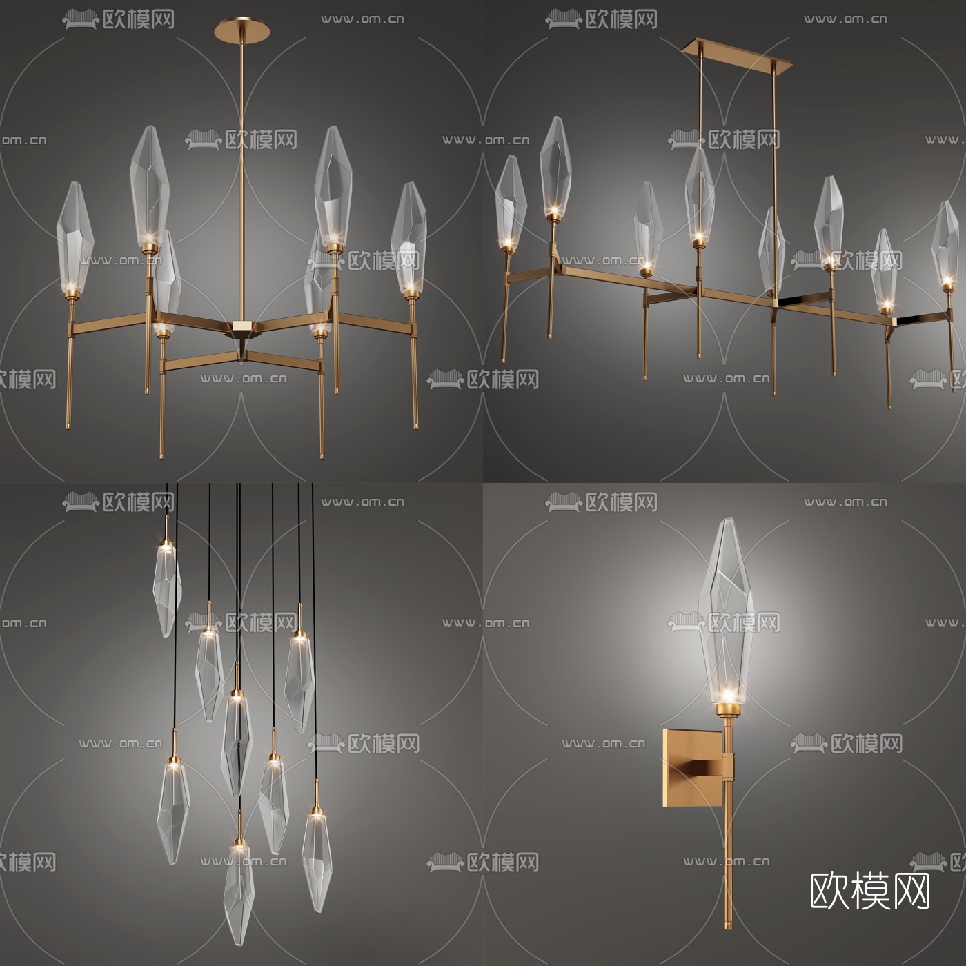 现代金属多头水晶吊灯组合3d模型下载（渲染图1）