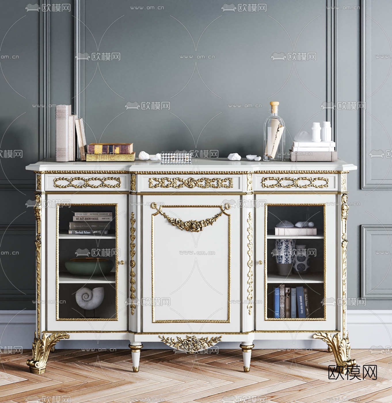 欧式实木雕花边柜3d模型下载