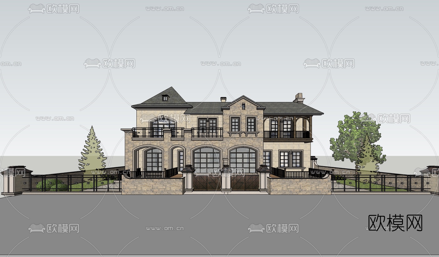 欧式独栋别墅su模型下载（渲染图2）