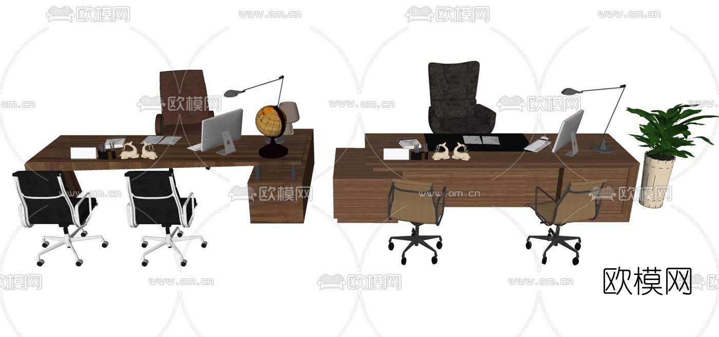 现代大班台办公桌椅组合su模型下载（渲染图1）