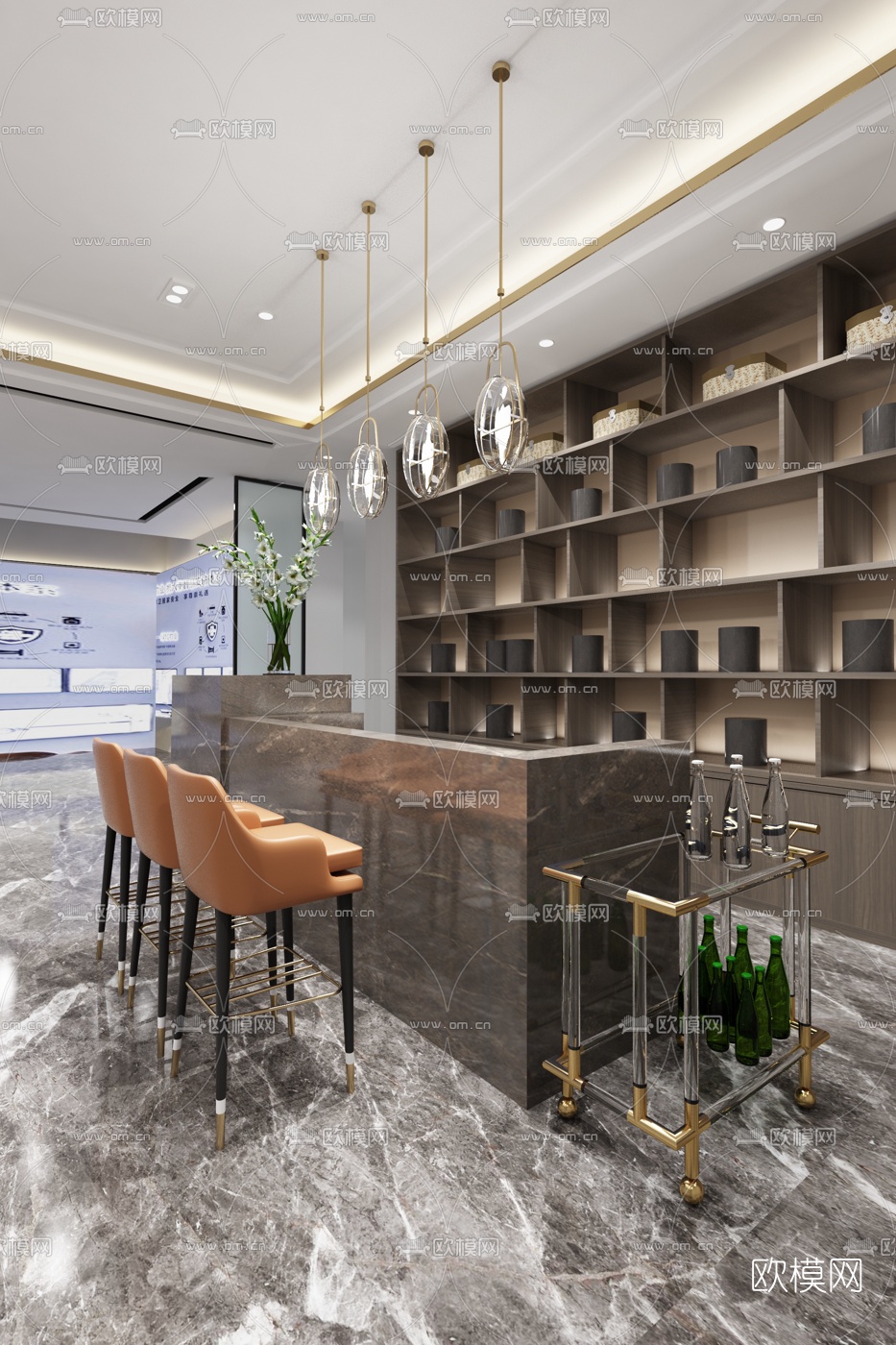 岳蒙设计 新中式大理石吧台3d模型下载