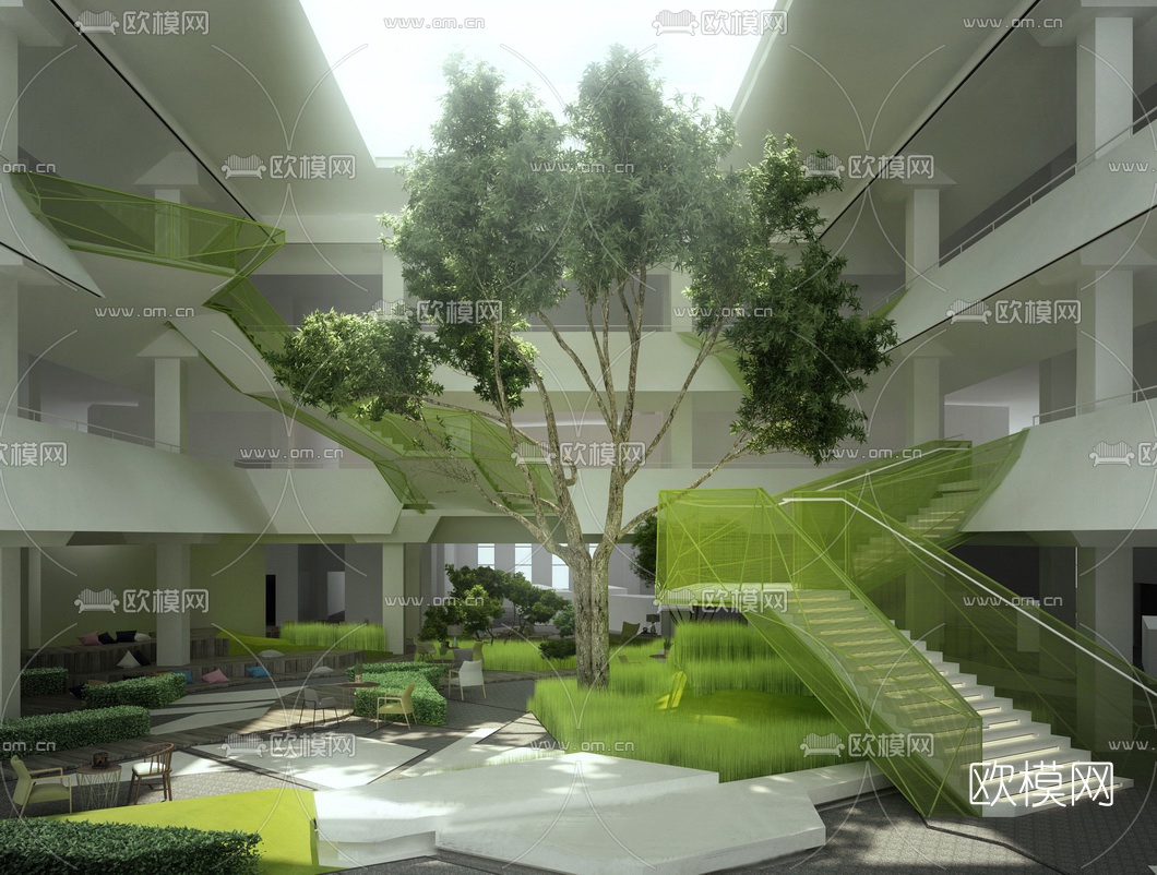 现代建筑中庭园林景观3D模型-免费3dmax模型库-欧模网
