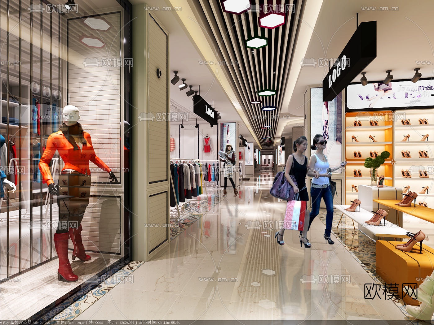 现代百货商场女装店女鞋店过道3D模型