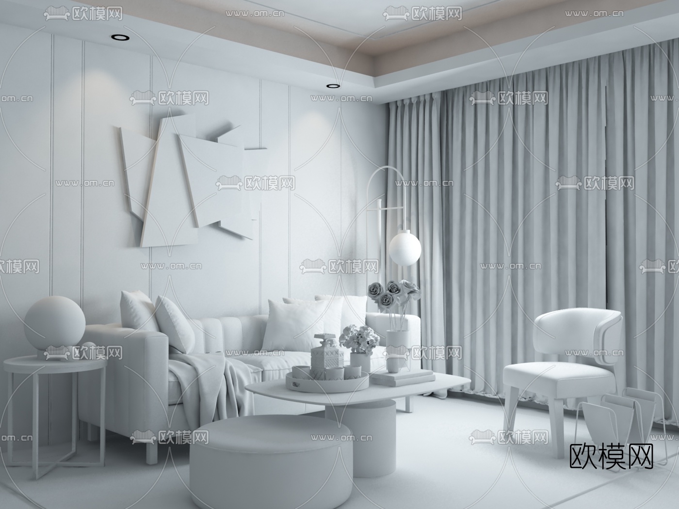 彬占建筑设计 现代轻奢布艺沙发组合3d模型下载（渲染图3）