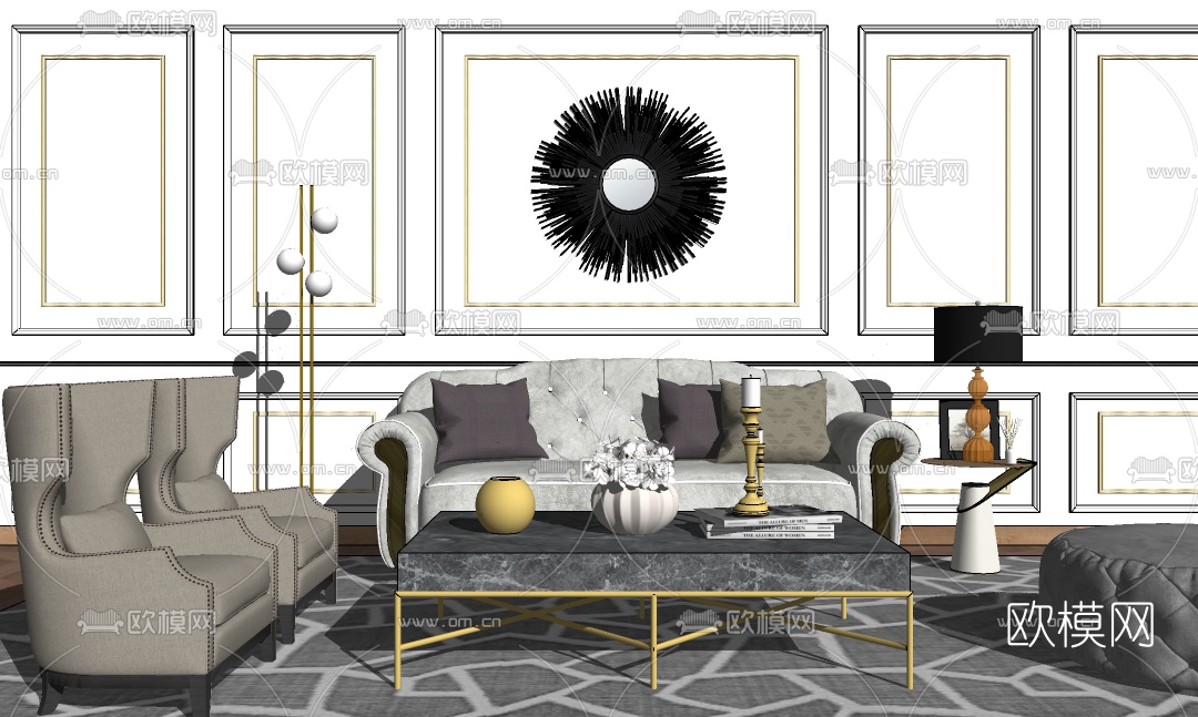 美式轻奢皮革沙发组合su模型下载