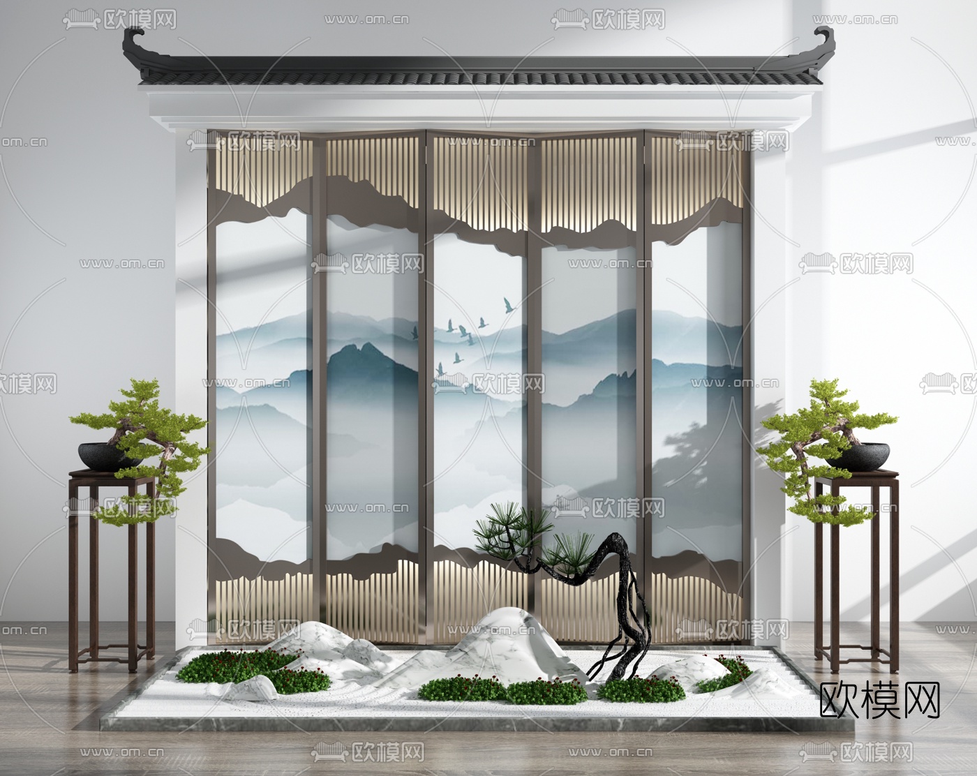 新中式马头墙园艺景观假山小品3d模型