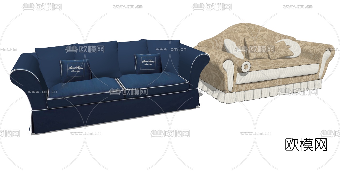 欧式双人沙发组合su模型下载（渲染图1）