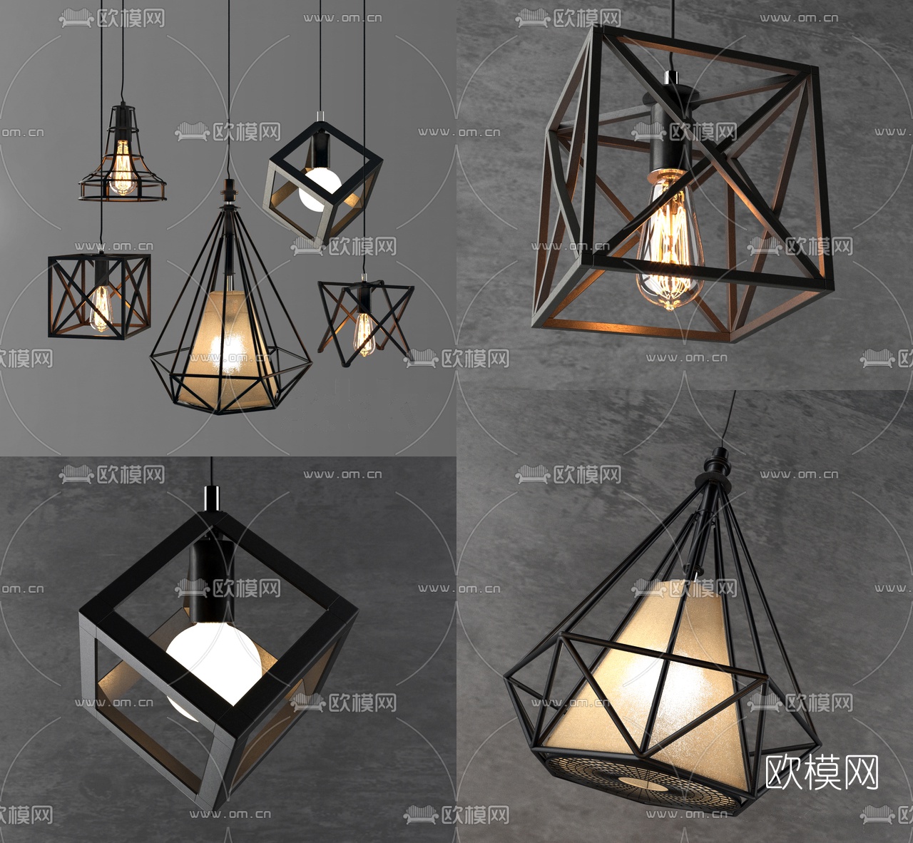 工业风铁艺几何吊灯组合3d模型下载