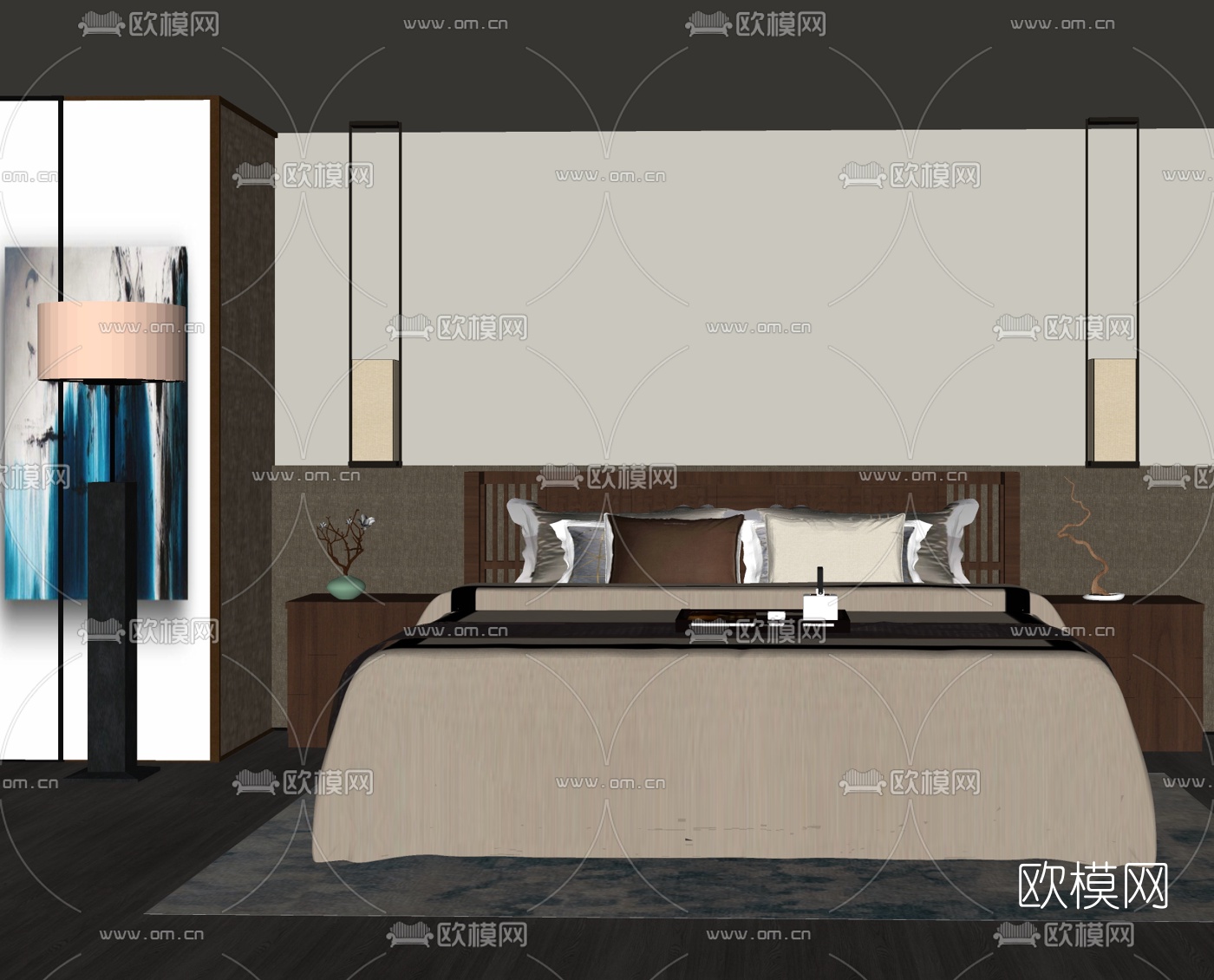 新中式双人床su模型下载（渲染图1）