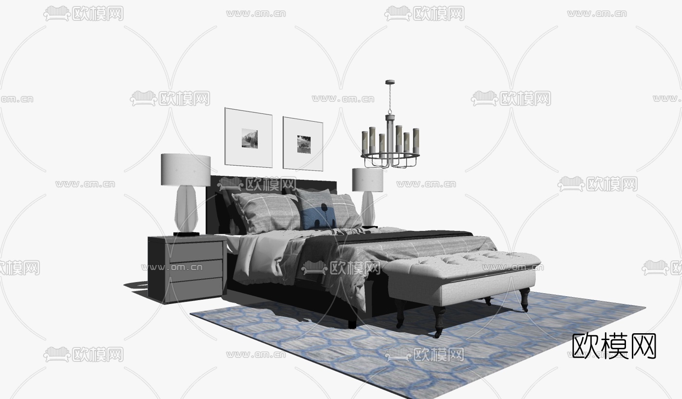 现代双人床组合su模型下载（渲染图2）