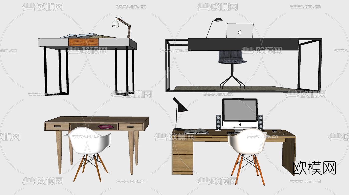现代实木书桌电脑桌su模型下载