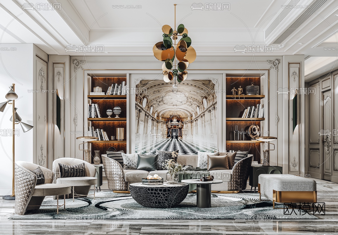 简欧皮革沙发组合3d模型下载