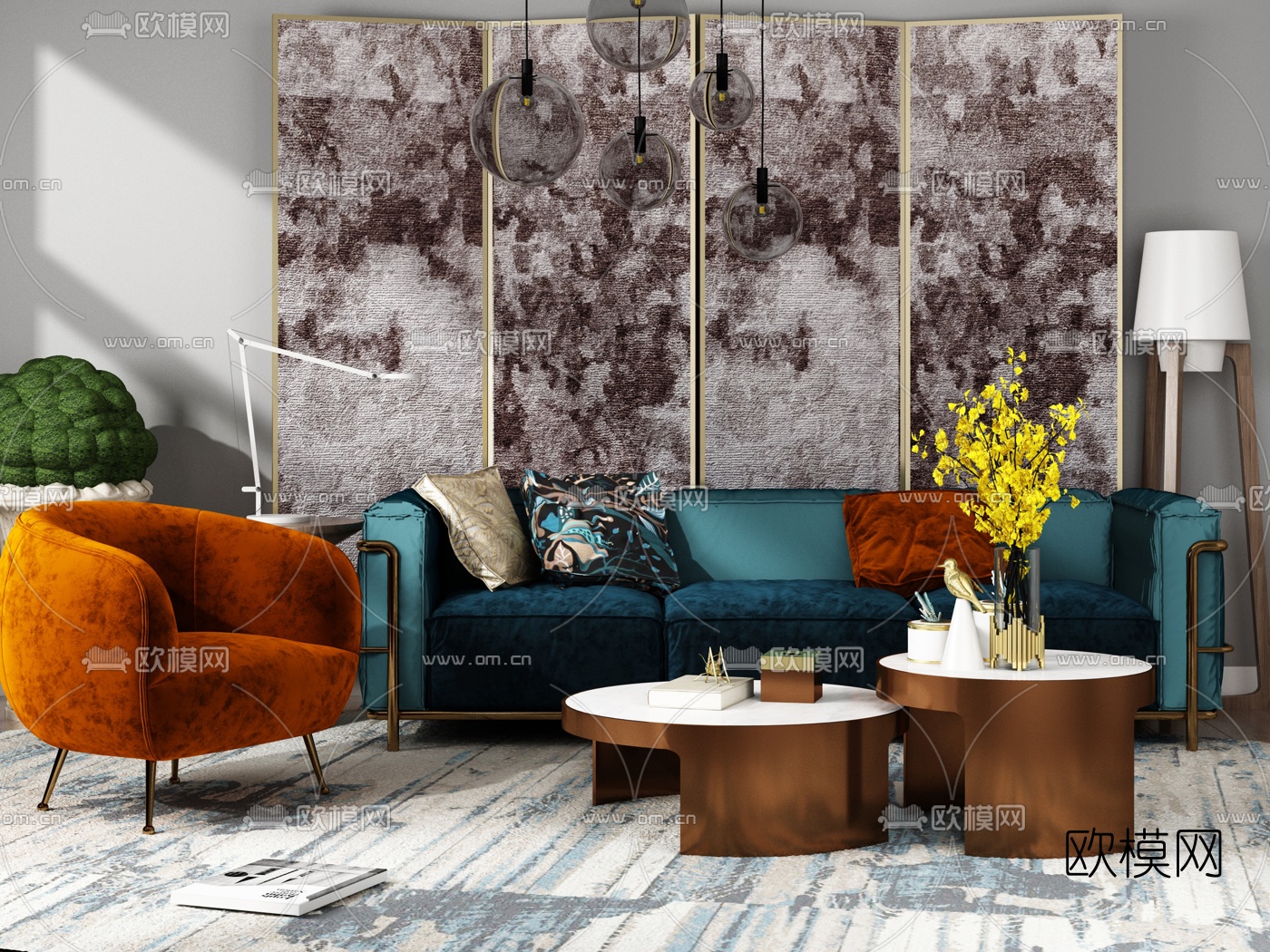 新古典布艺沙发休闲椅茶几落地灯组合3D模型下载