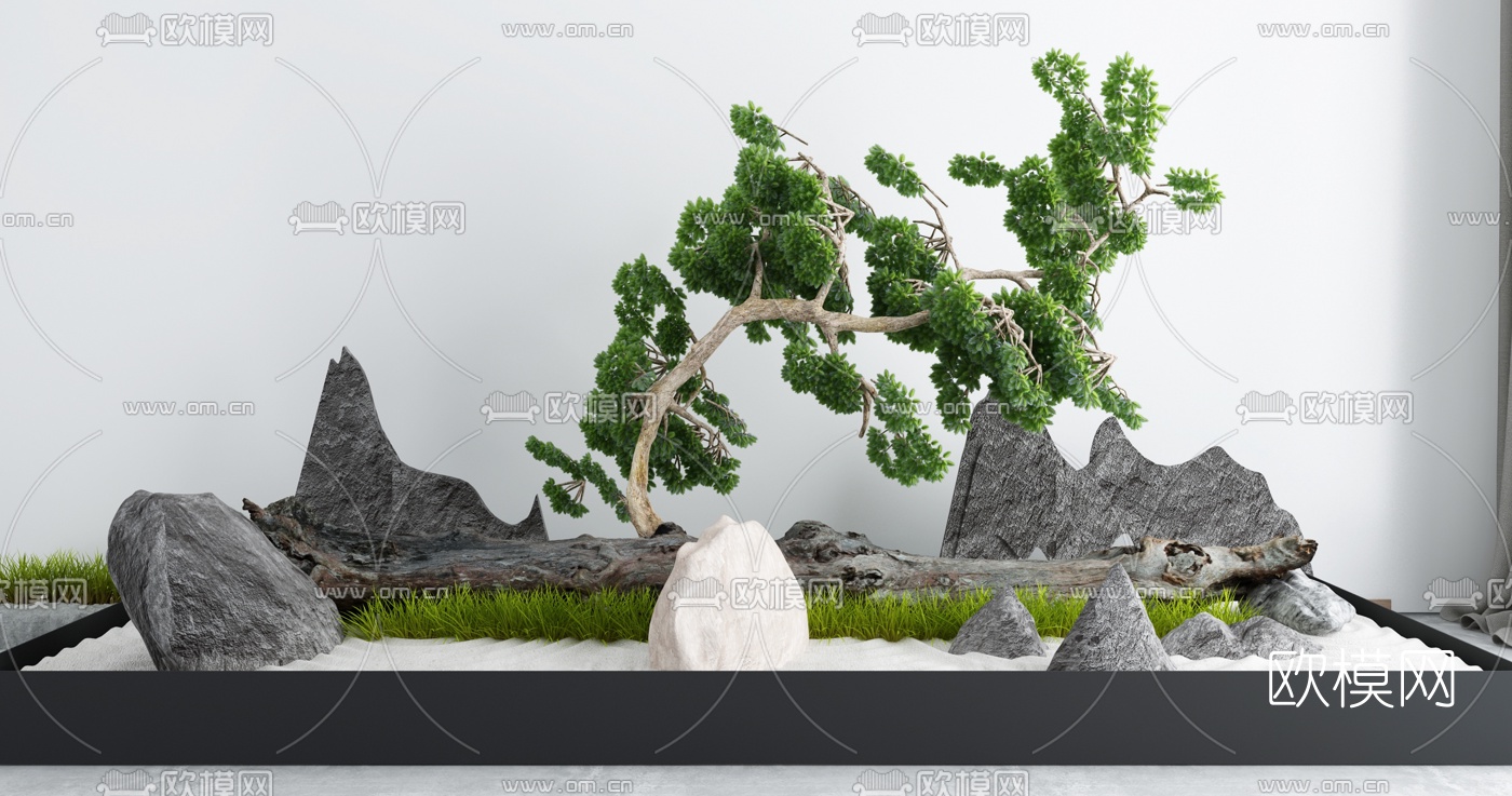现代松树假山景观小品3d模型下载