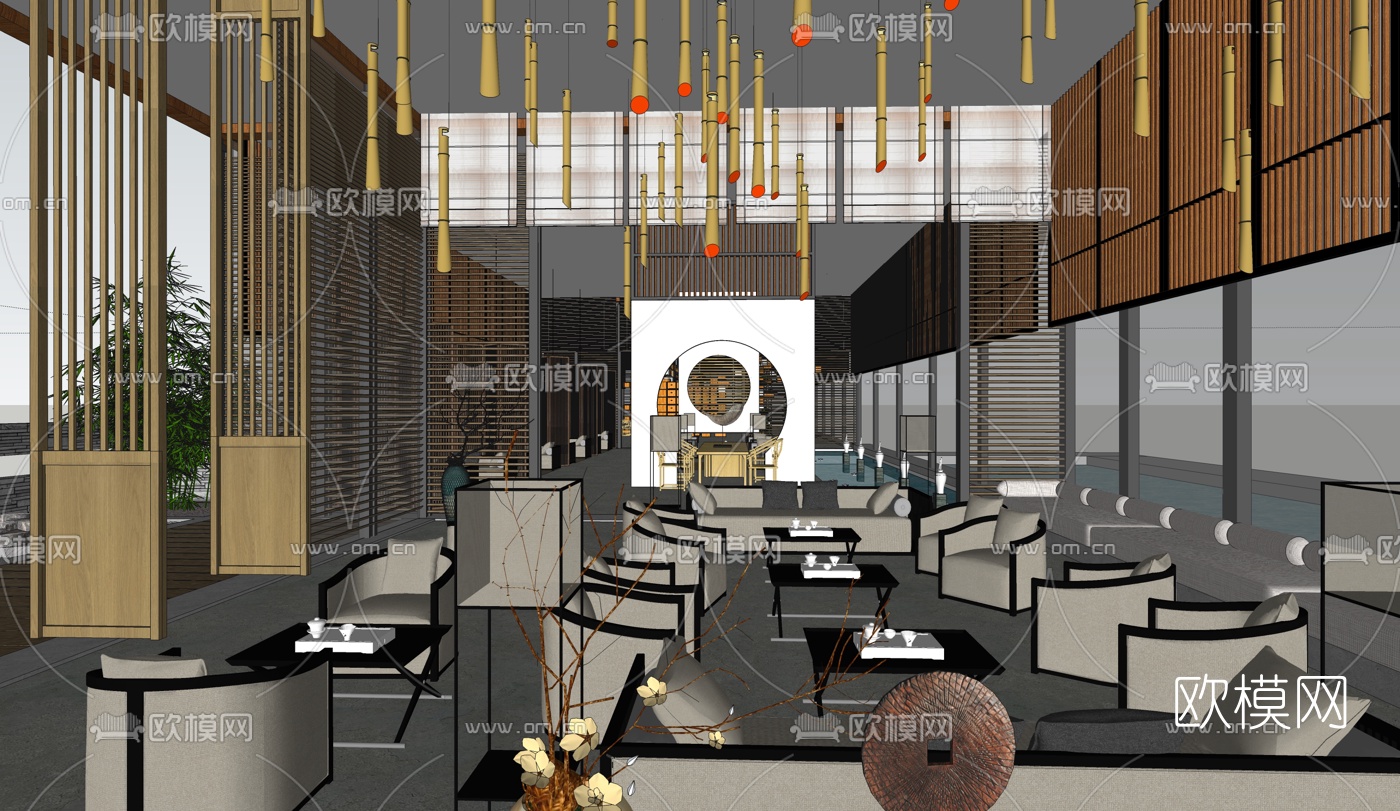 中式禅意会所大堂su模型下载（渲染图7）